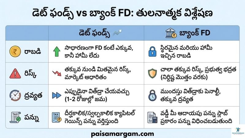 డెట్ ఫండ్స్ అంటే ఏమిటి? Debt Funds vs FD comparison Telugu – returns, risk, taxation, ఎలా పని చేస్తాయి, రకాలు, రిస్క్‌లు, రాబడి, SIP & Lump Sum,