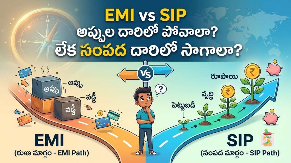 EMI vs SIP - Paisa Margam EMI vs SIP, EMI debt path with SIP investment growth, centred on a puzzled man deciding between the two paths.